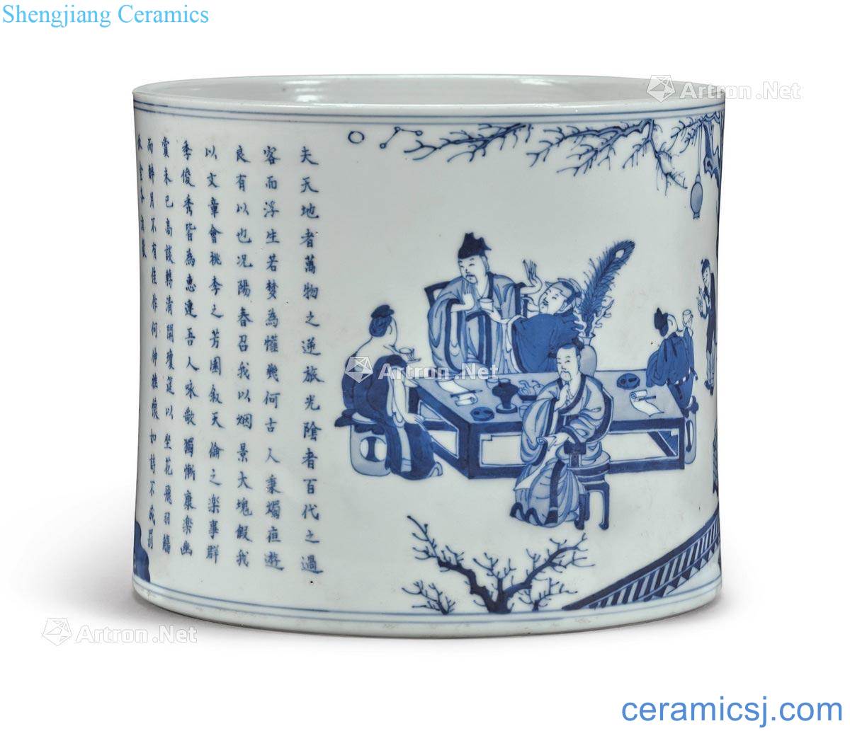 The qing emperor kangxi Blue and white spring peach garden banquet poetry pen container