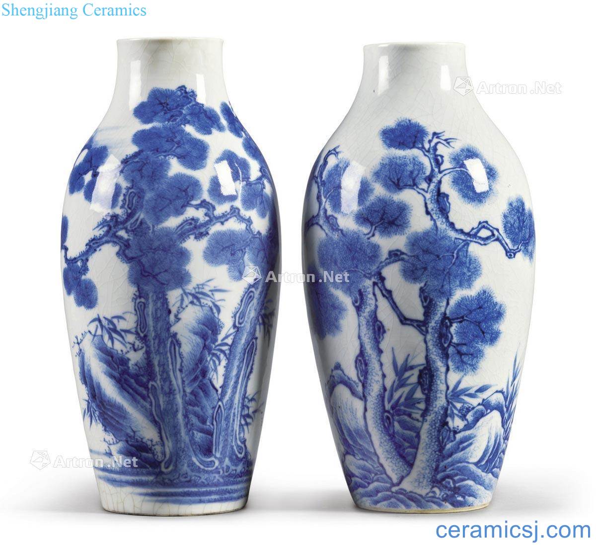 Qing 18 ~ 19 century Two blue shochiku figure bottles