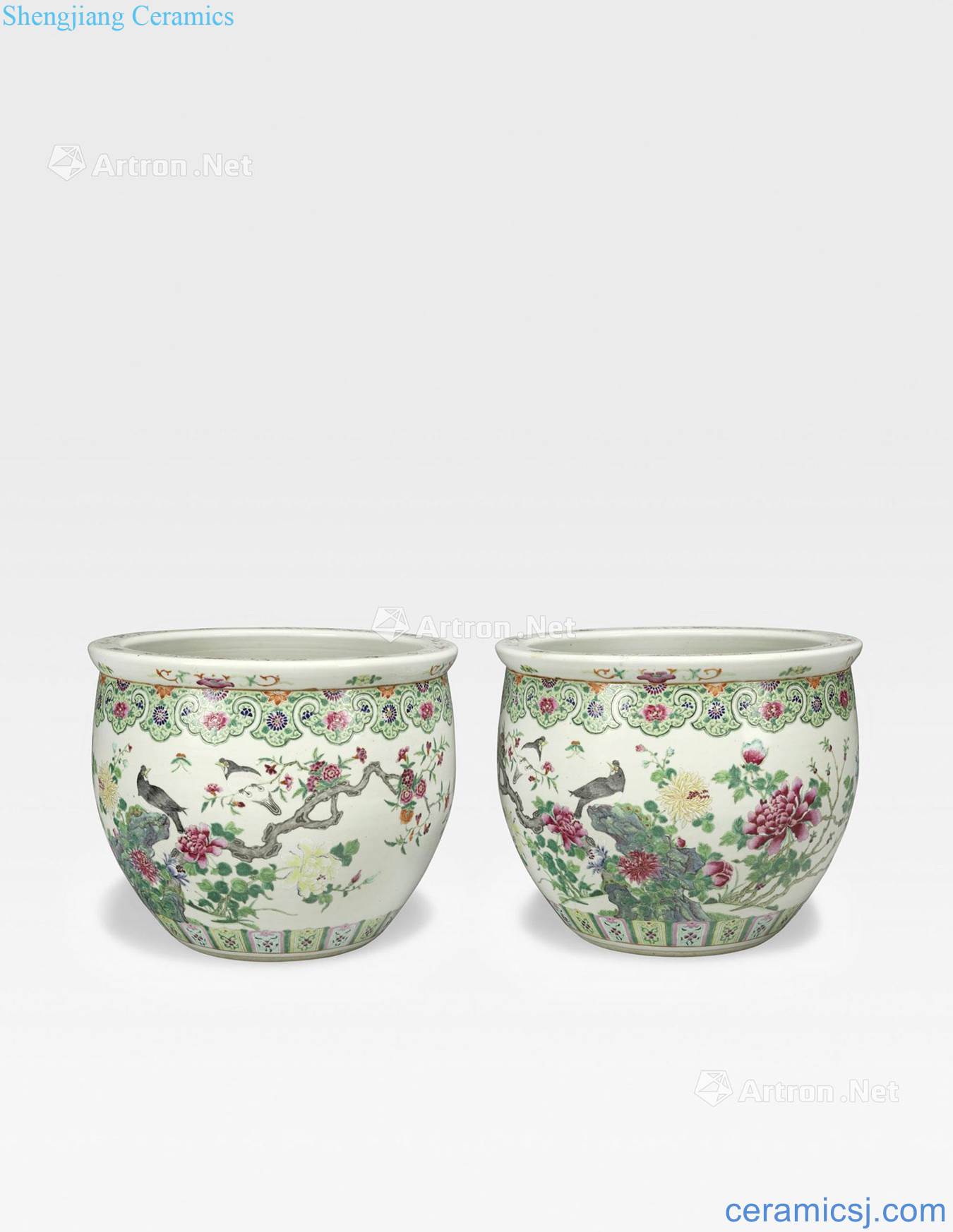 Qing dynasty/pastel magpie flowers butterfly tattoo cylinder (pair) of the republic of China