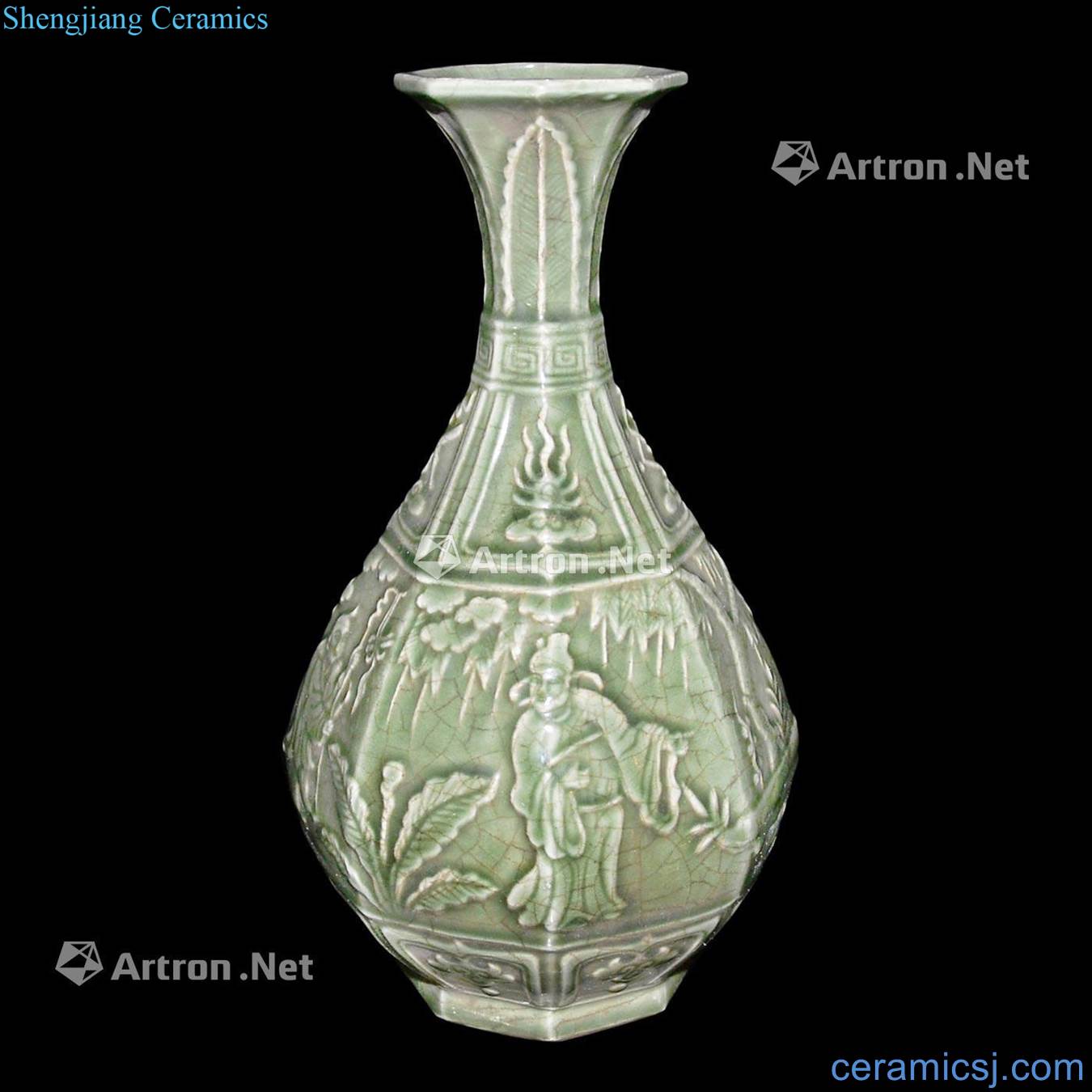 yuan Longquan celadon embossed characters scenery eight arrises okho spring bottle