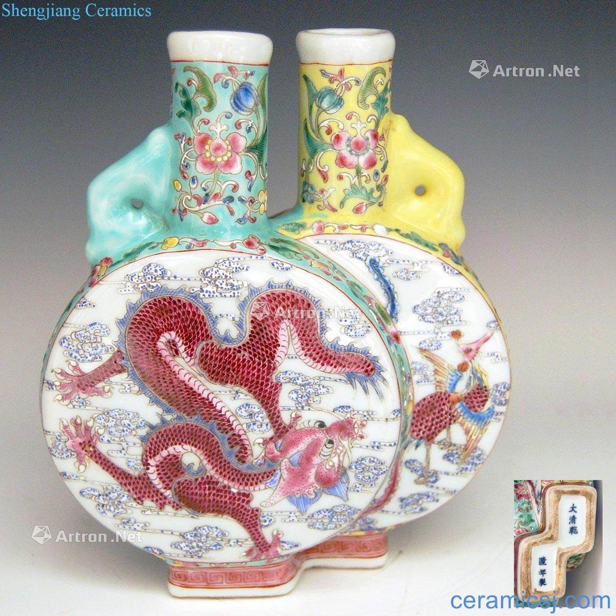 Qing qianlong pastel embossment longfeng flowers conjoined twin GuanBian bottle