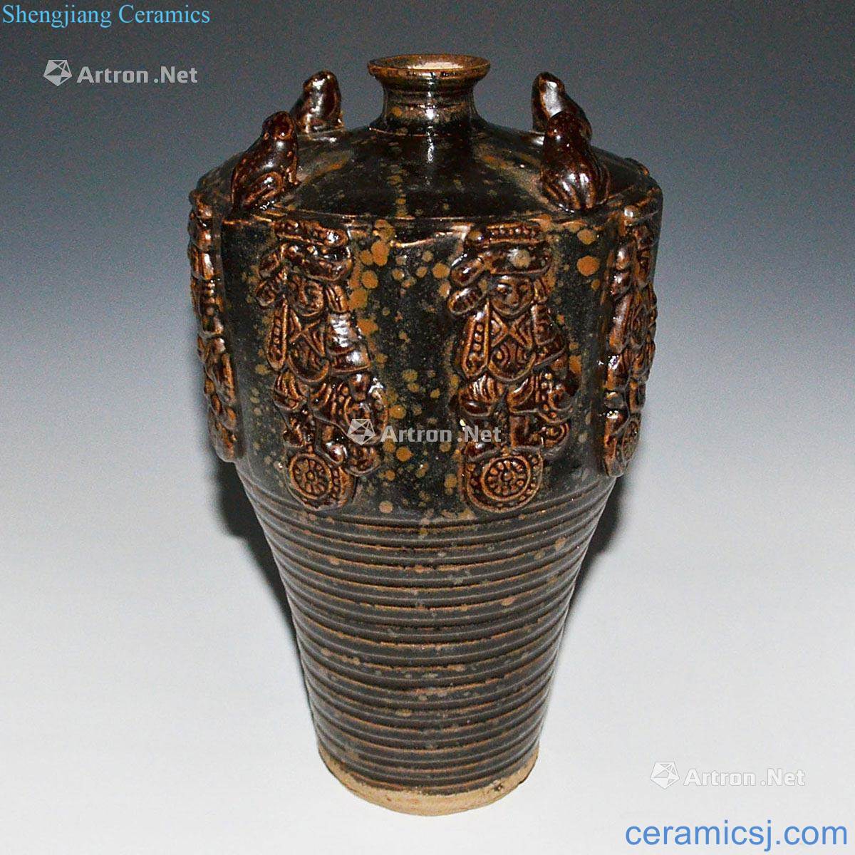 The tang dynasty Copper glaze imperial ink wheel decal warrior Four frogs NiuXuanWen mei bottles