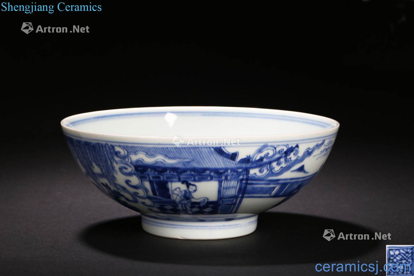 The qing emperor kangxi Figure bowl of blue poetic ladies candlelight vigil