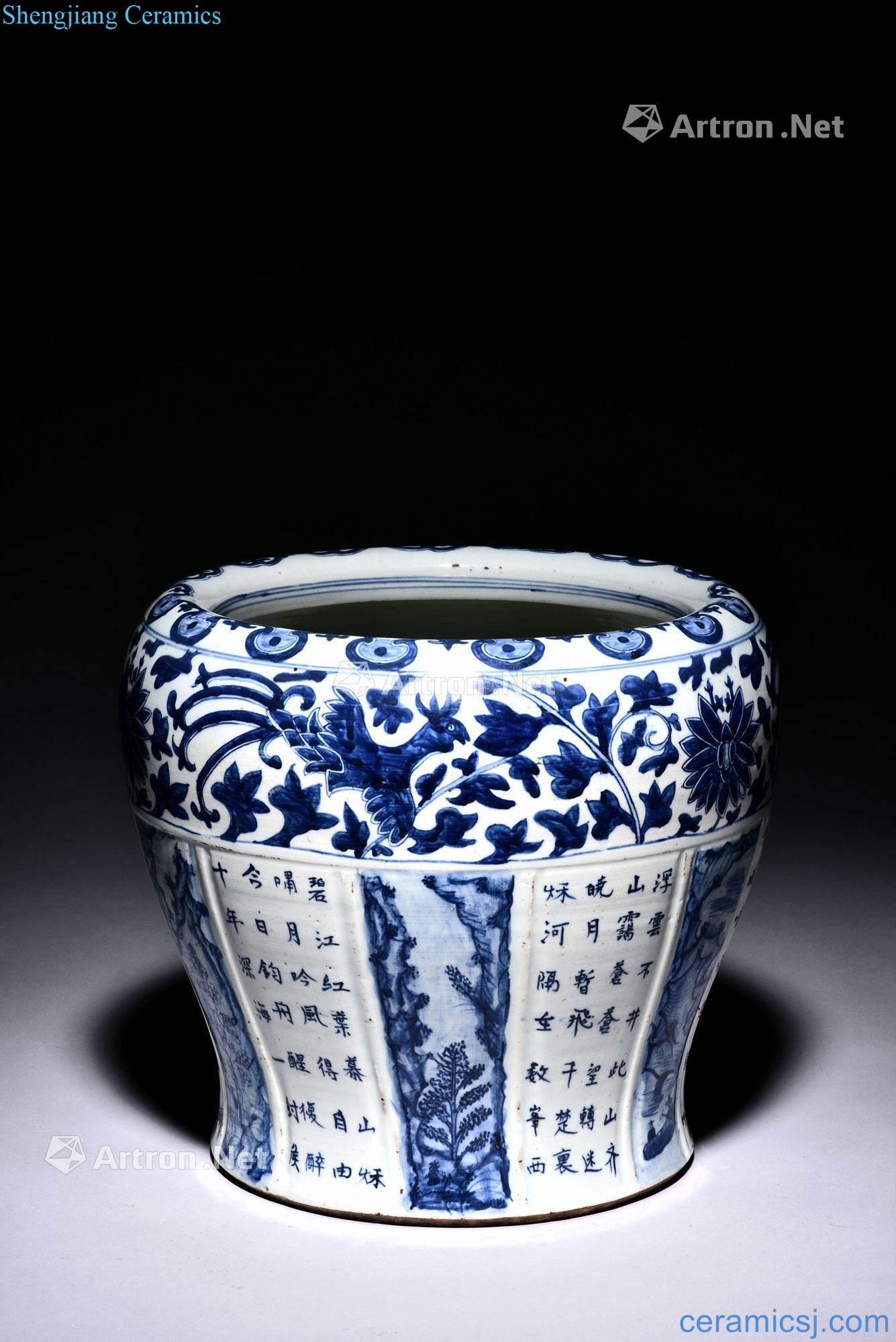 qing Blue and white poetry landscape floral print cylinder