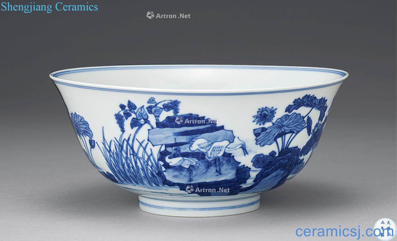 Blue and white lotus pond crane green-splashed bowls