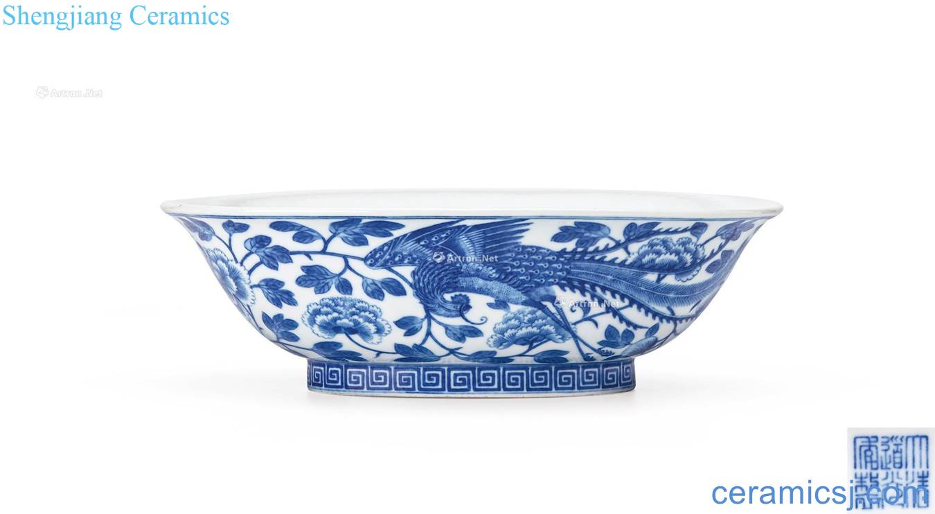 Qing daoguang Blue and white chicken wear peony grains narcissus basin
