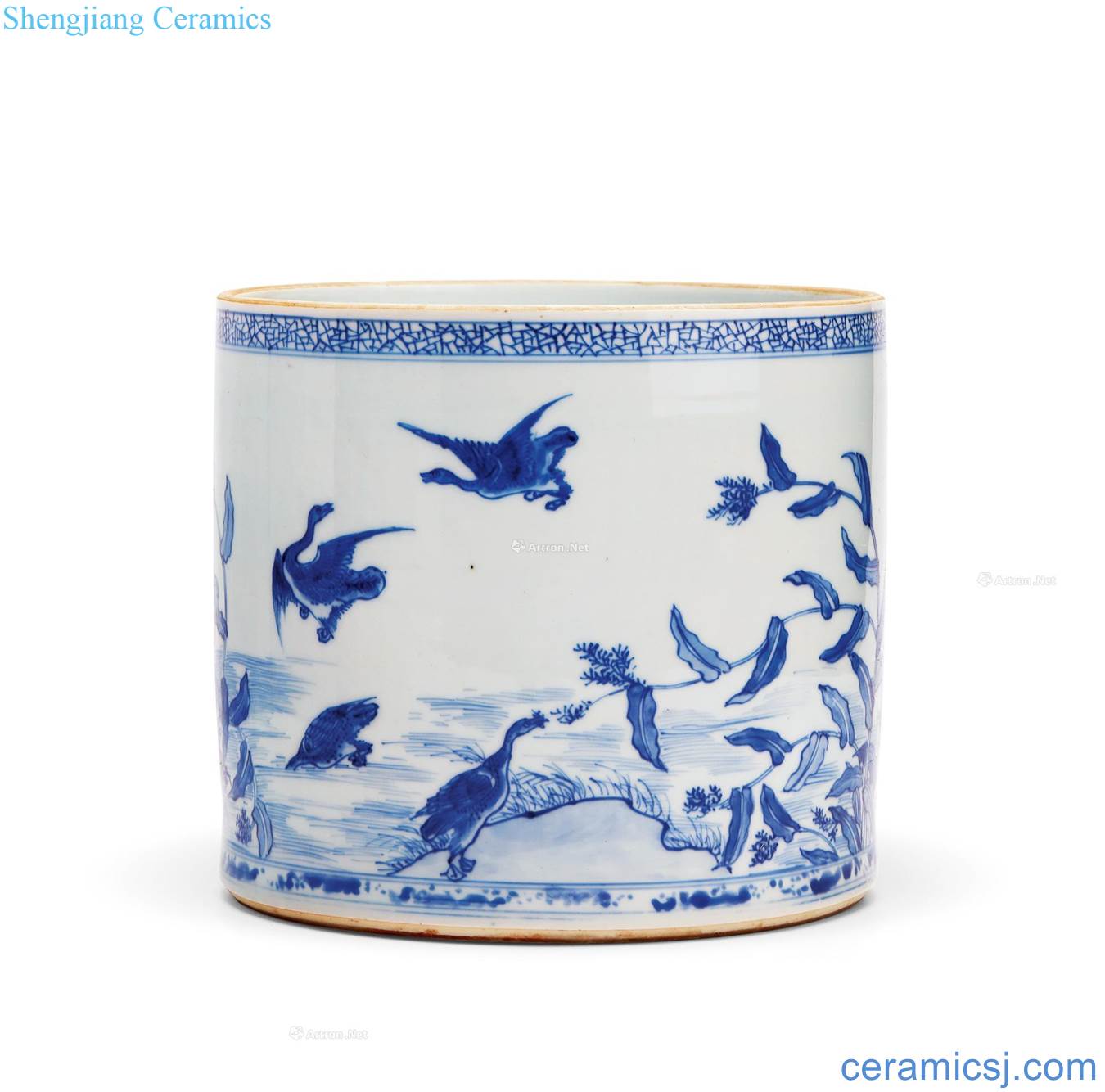 In the early qing Blue and white with a silver spoon in her mouth LuYan figure big brush pot