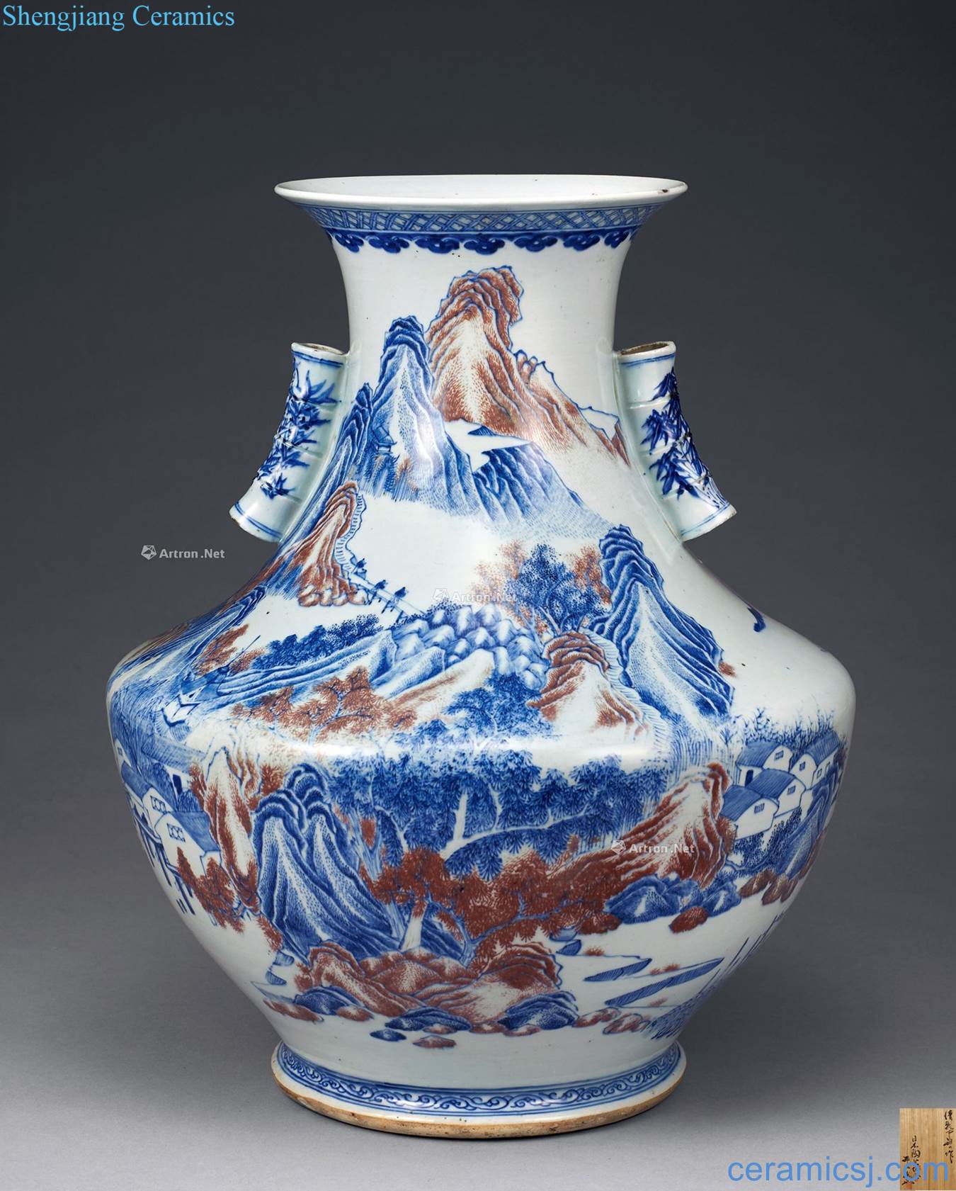 Qing dynasty blue-and-white youligong landscape character pairs of bamboo grain penetration ears
