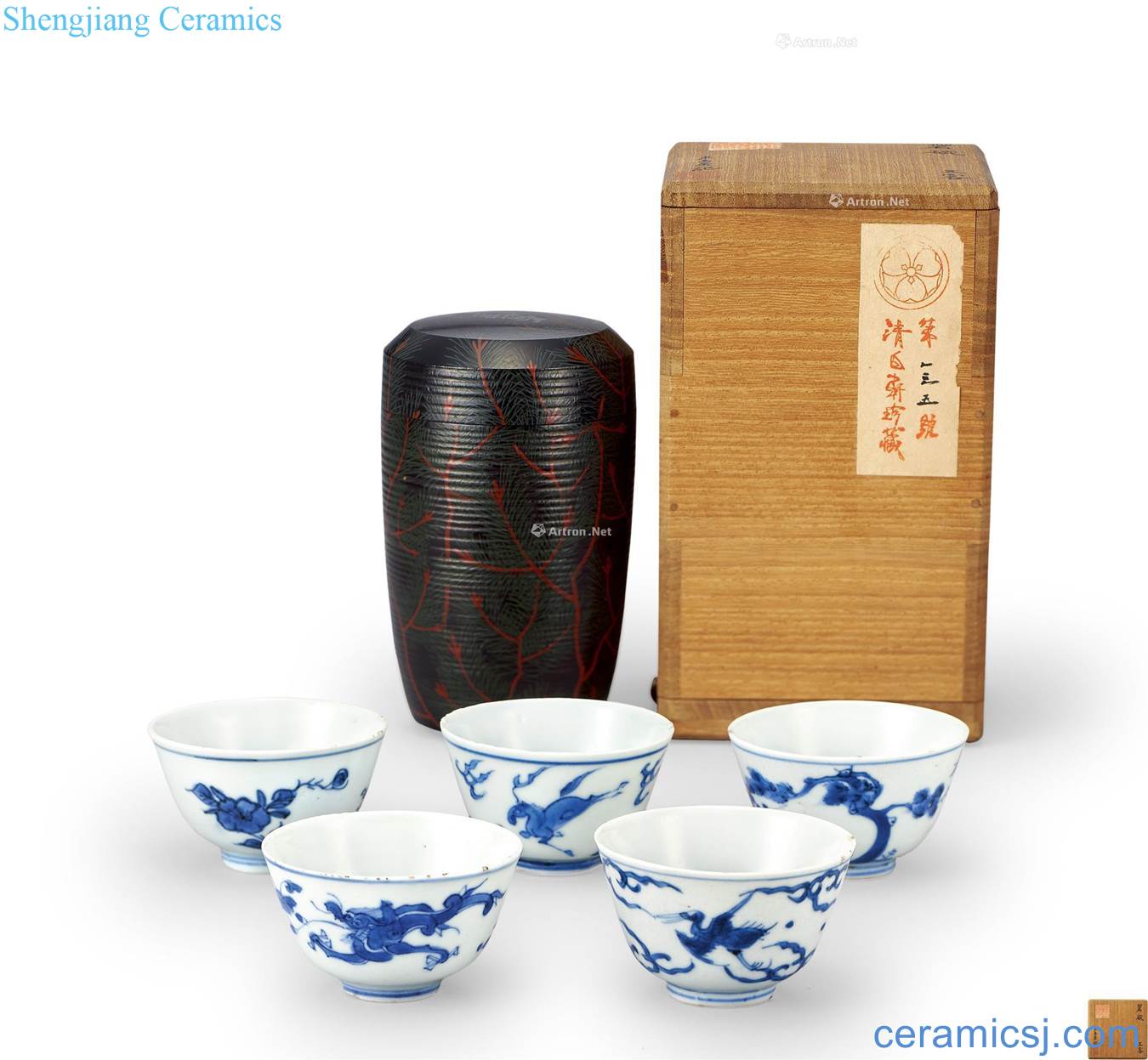 qing Blue and white auspicious figure Fried five cups