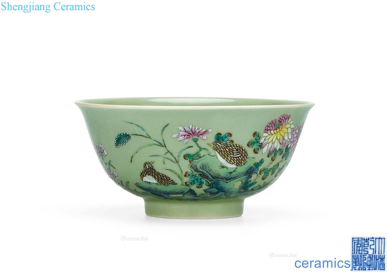 Qing qianlong pea green to figure bowl of famille rose to live and work in peace and contentment