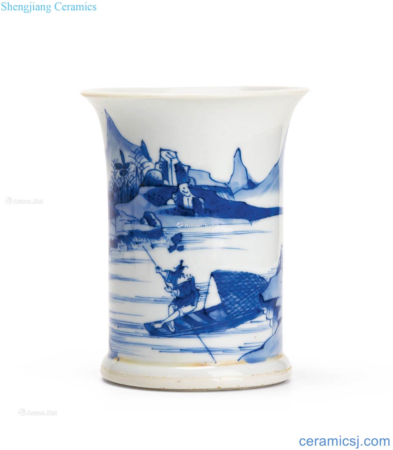 The qing emperor kangxi Blue and white landscape characters mouth pen container