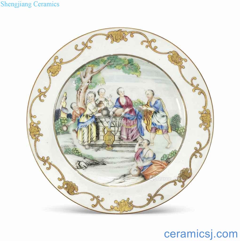 MID ~ 18 th CENTURY A FAMILLE ROSE 'REBECCA AT THE WELL PLATE