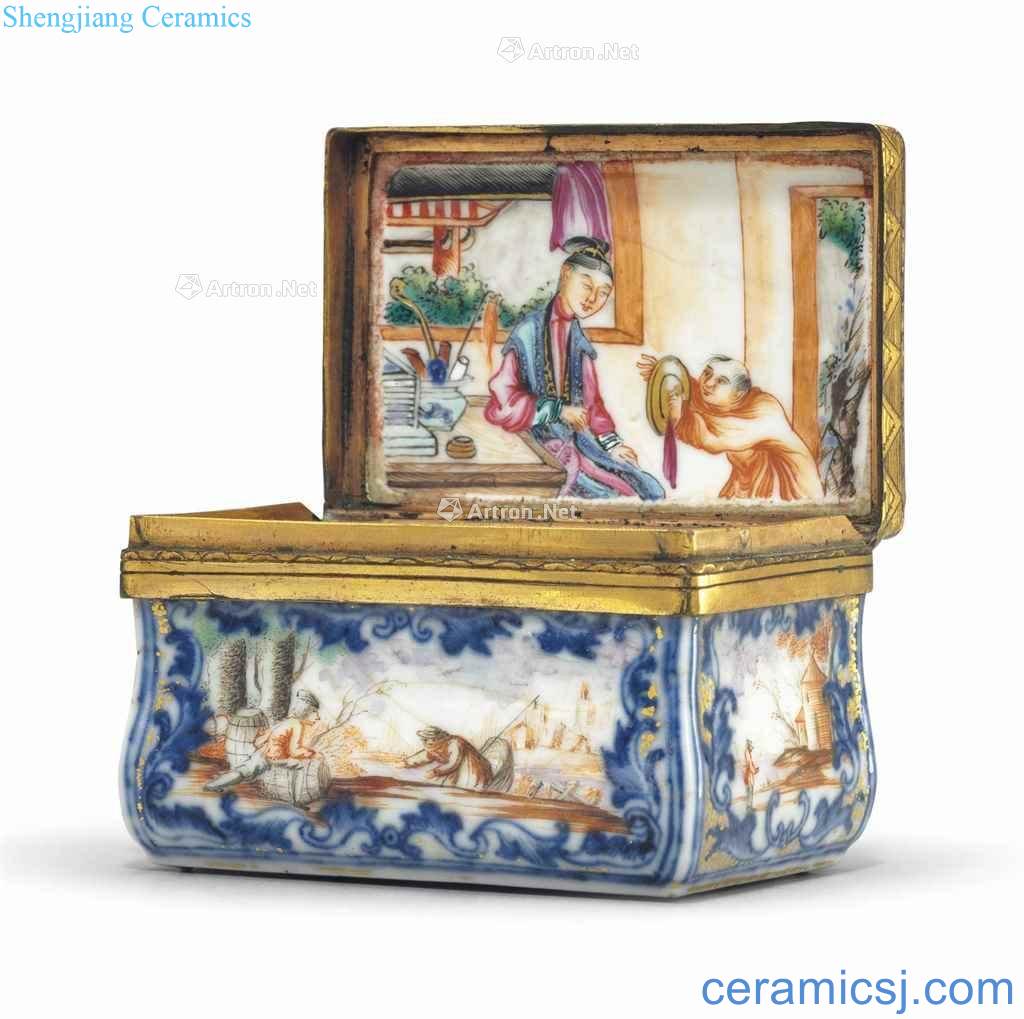 QIANLONG PERIOD (1735 ~ 96) A FAMILLE ROSE AND COBALT BLUE PORCELAIN SNUFF BOX