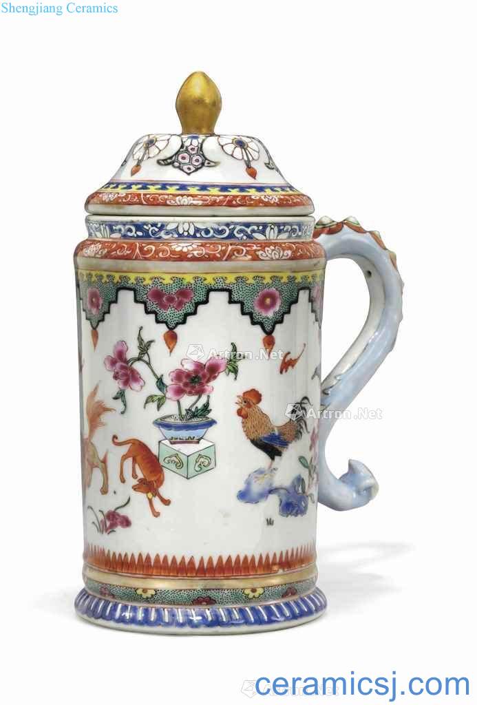 CIRCA 1740 A RARE FAMILLE ROSE TANKARD AND COVER