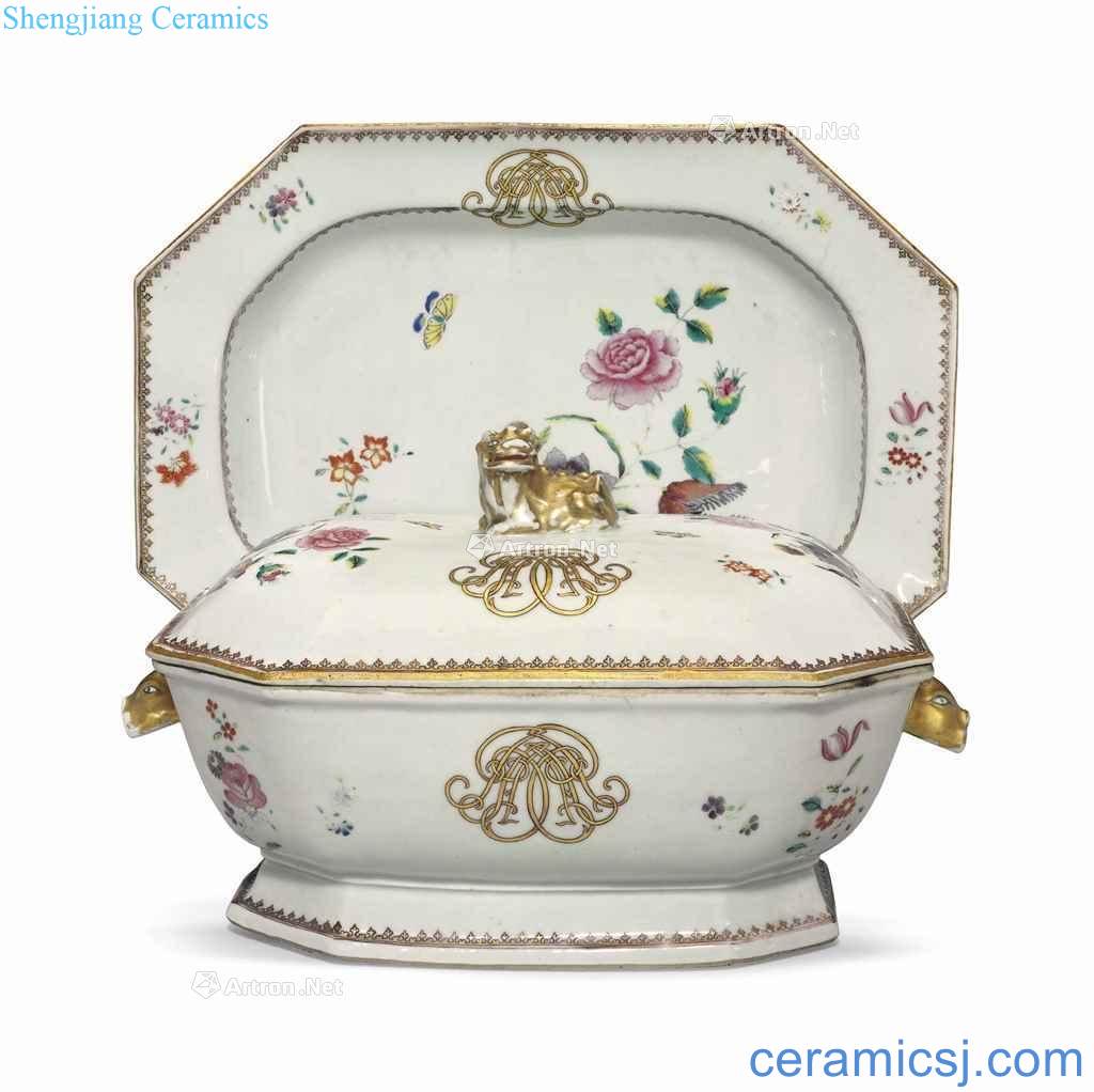 CIRCA 1765 A FAMILLE ROSE INITIALED SOUP TUREEN, COVER AND STAND