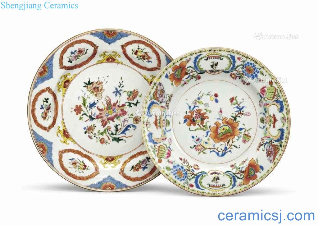 CIRCA 1740 A PRONK TYPE FAMILLE ROSE DISH AND A POMPADOUR PLATE