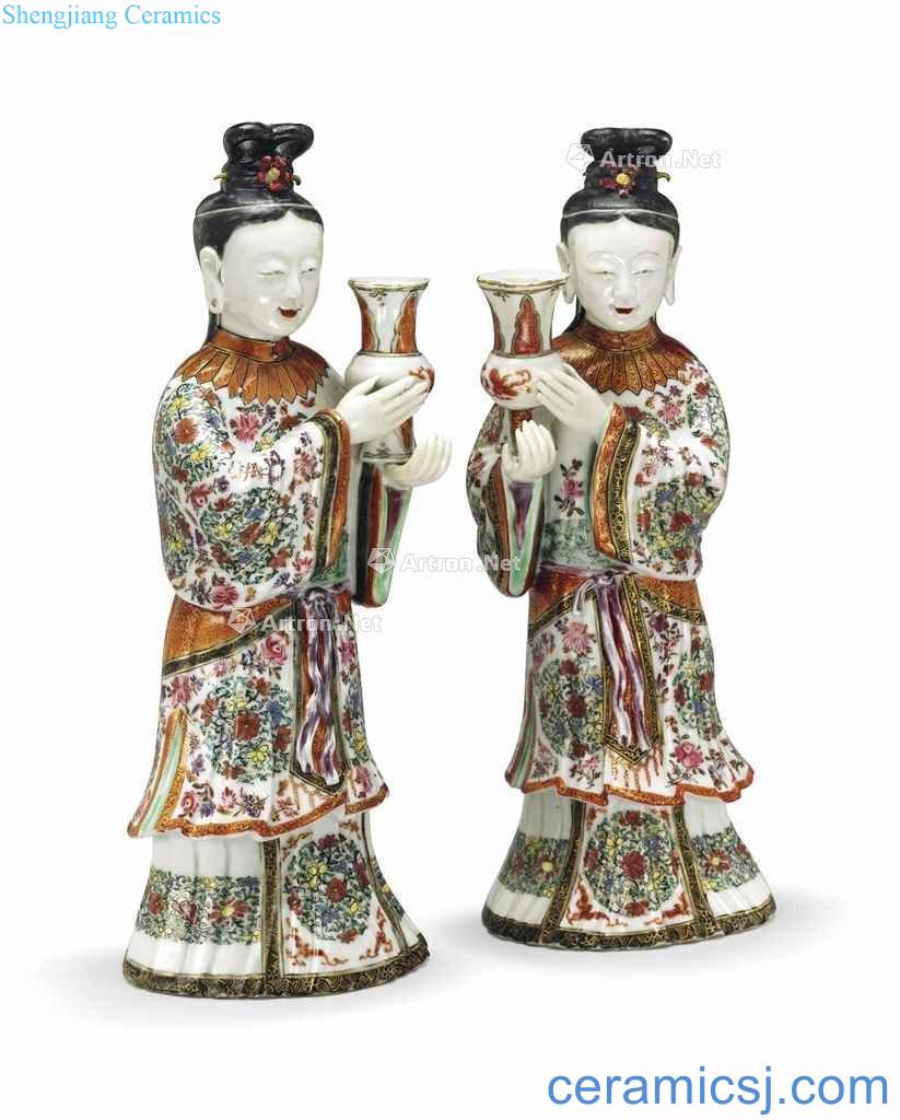 QIANLONG PERIOD (1735 ~ 96), A PAIR OF FAMILLE ROSE COURT LADY CANDLEHOLDERS