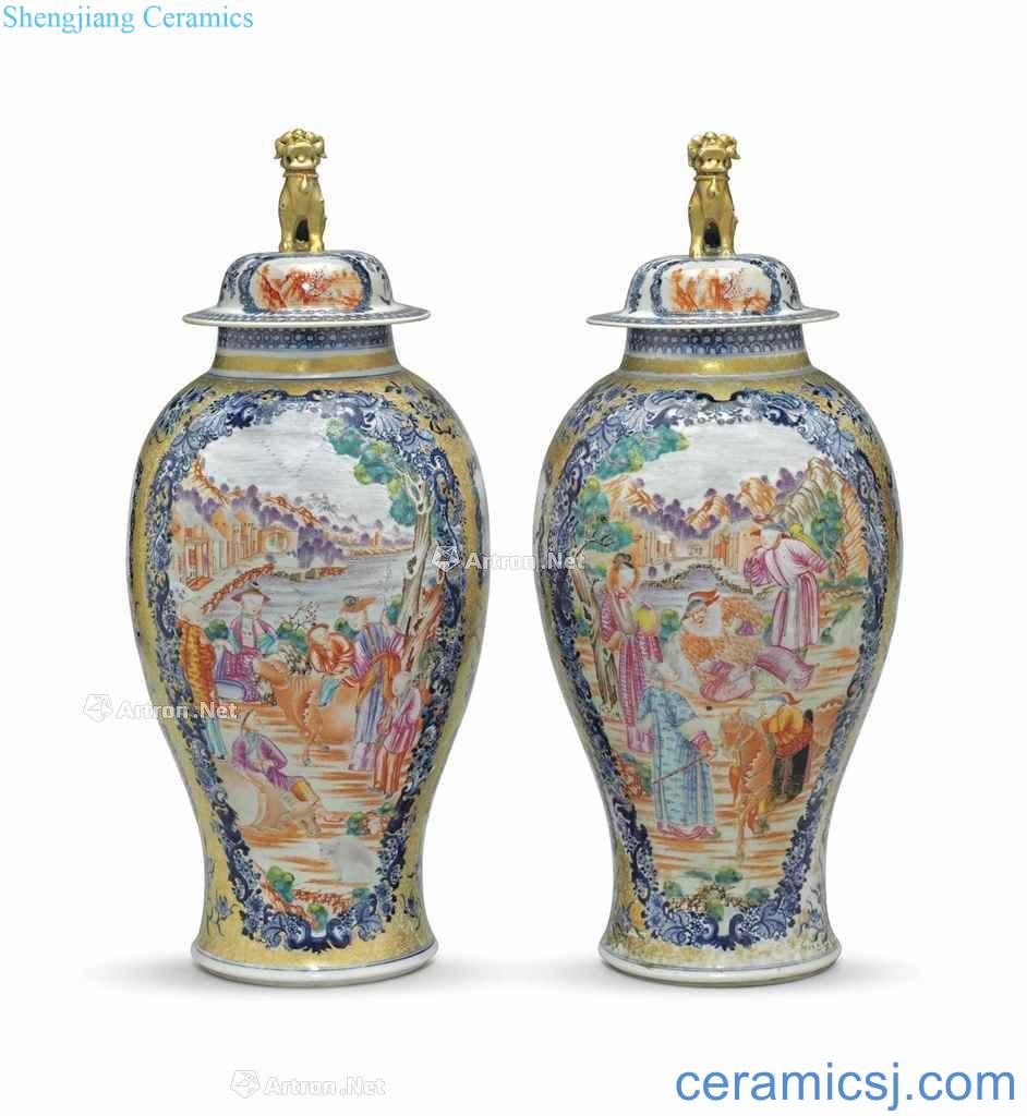 CIRCA 1780 A LARGE PAIR OF FAMILLE ROSE AND COBALT BLUE VASES AND COVERS