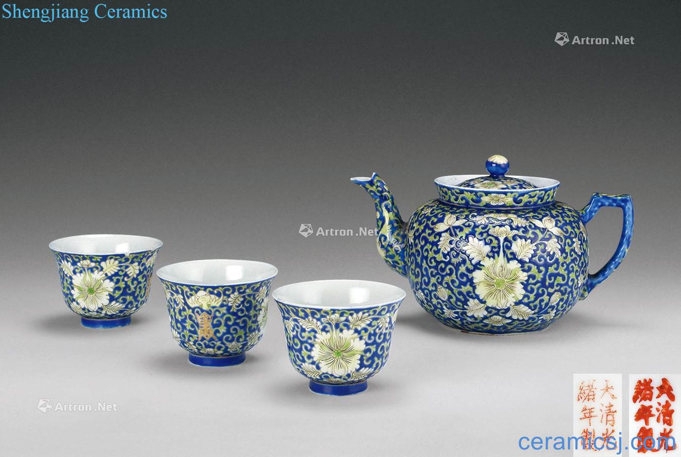 Qing emperor guangxu (1875-1908) to pastel blue lotus flower grain teapot Cup (four pieces a set)