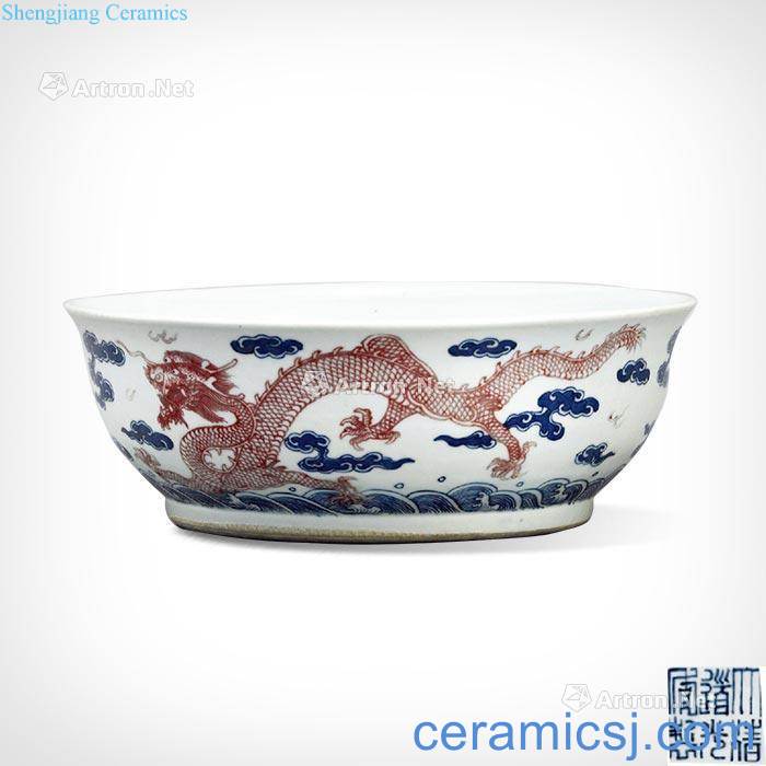 Qing daoguang Blue and white youligong red sea water dragon grain dishes