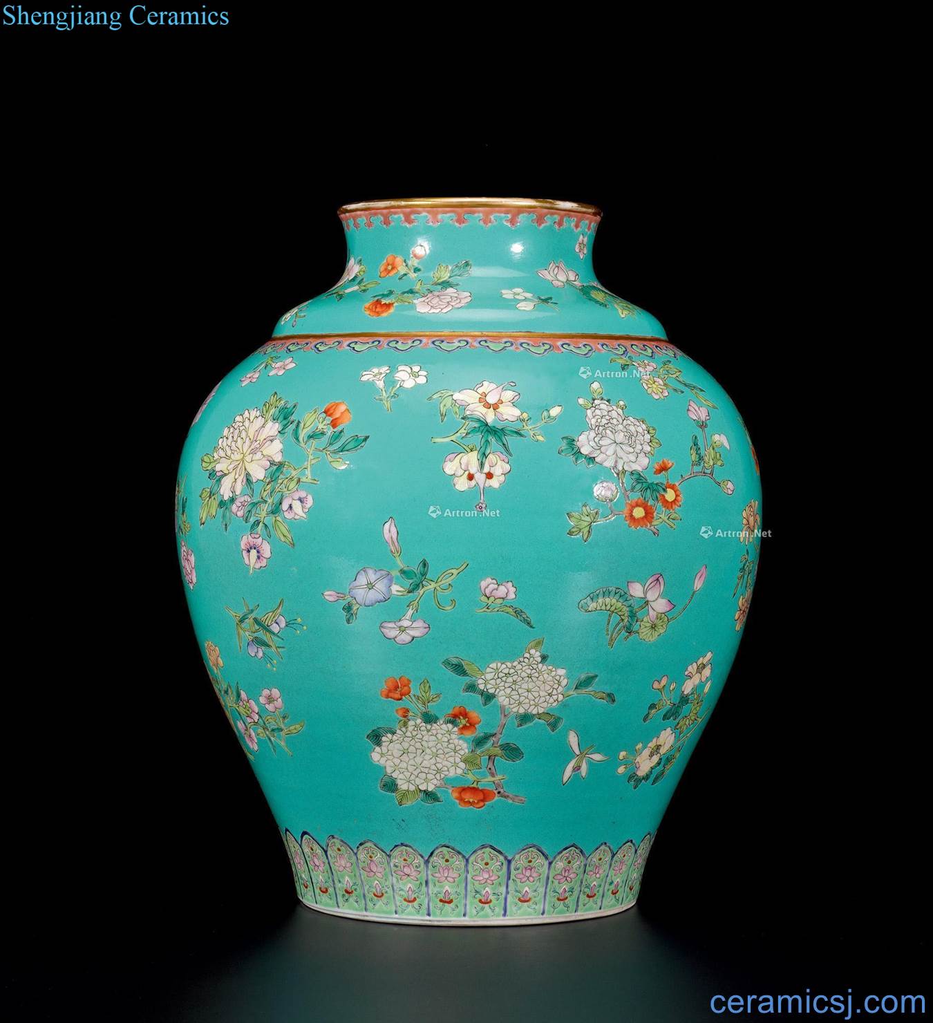 Qing qianlong carved turquoise green pastel flowers for figure cans