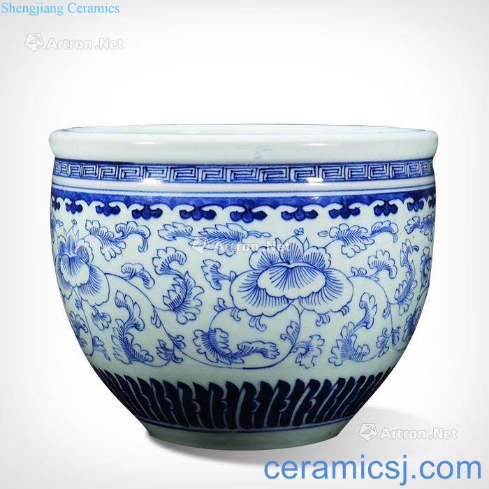 qing Blue and white flower grain volume cylinder around branches