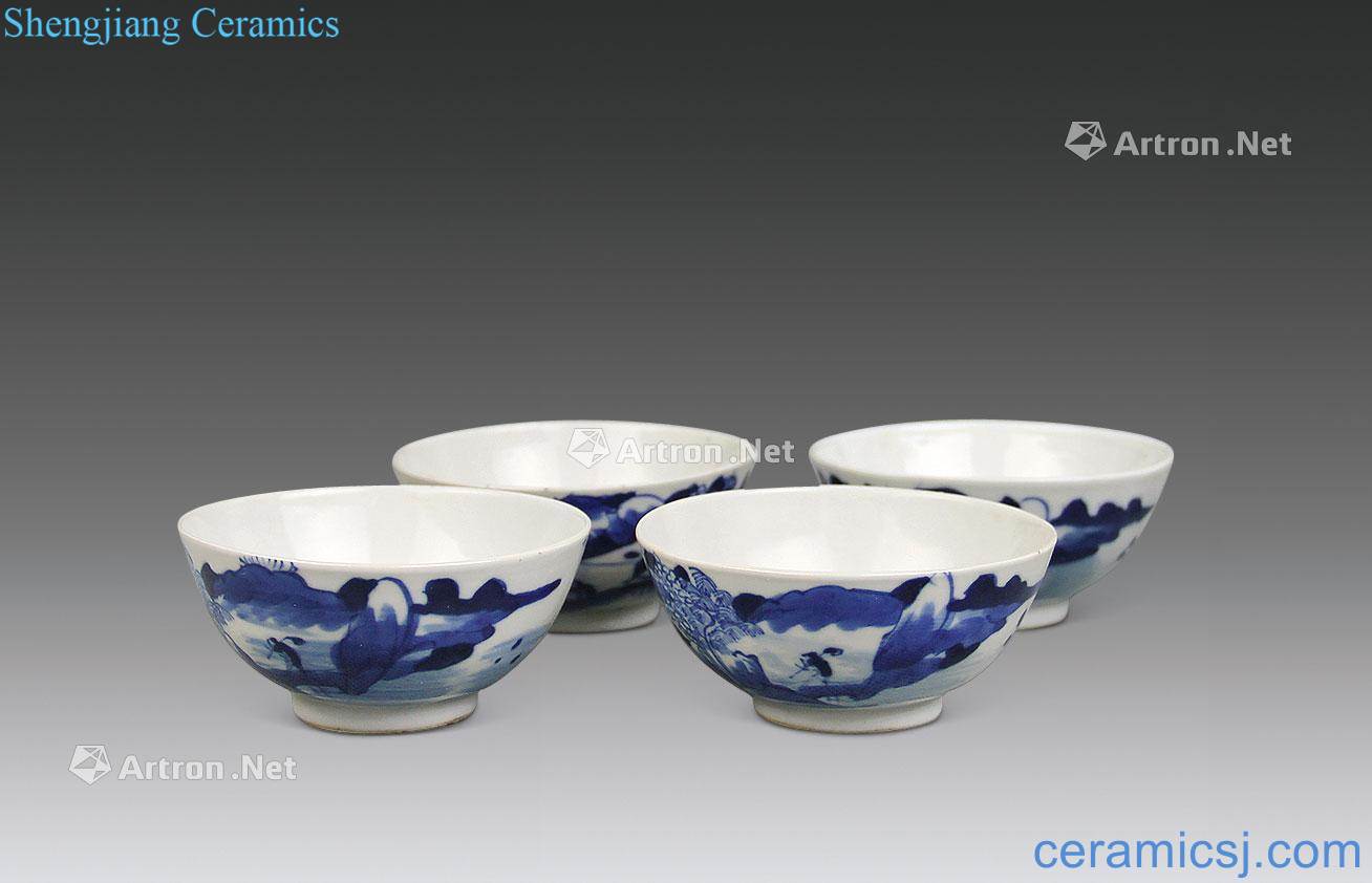 The qing emperor kangxi Blue and white the fishing qiao geng read four bowls