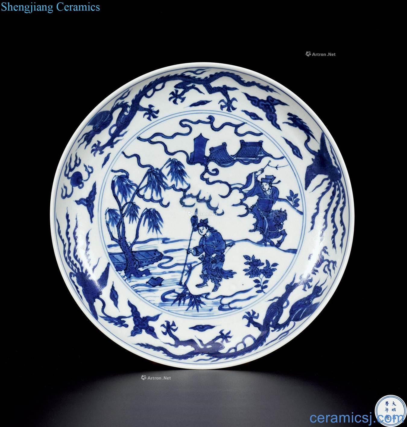 Ming wanli Under the blue and white Xiao Heyue Han Xintu plate