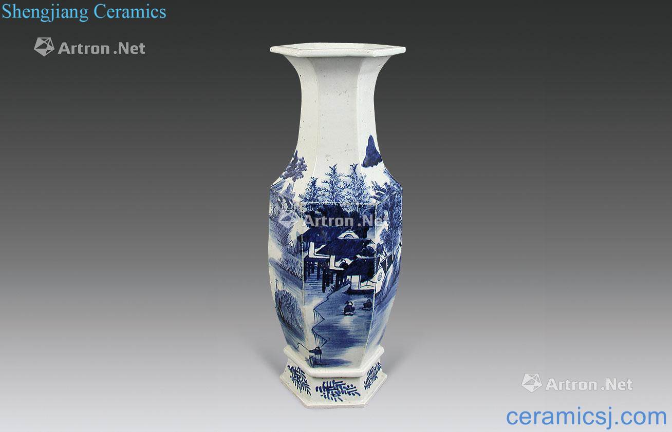 Mid qing Blue and white the fishing qiao geng read vase