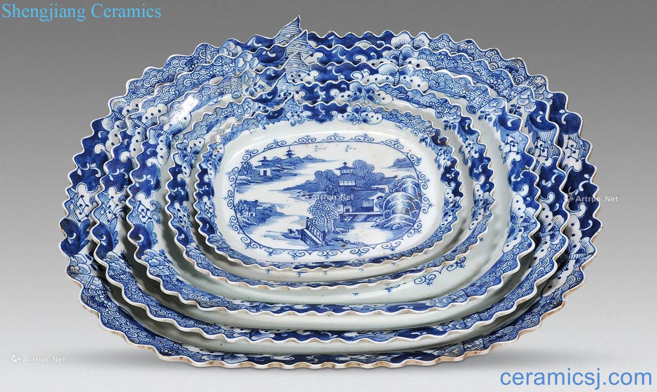 qing Blue and white landscape flowers mouth set of plate (5)