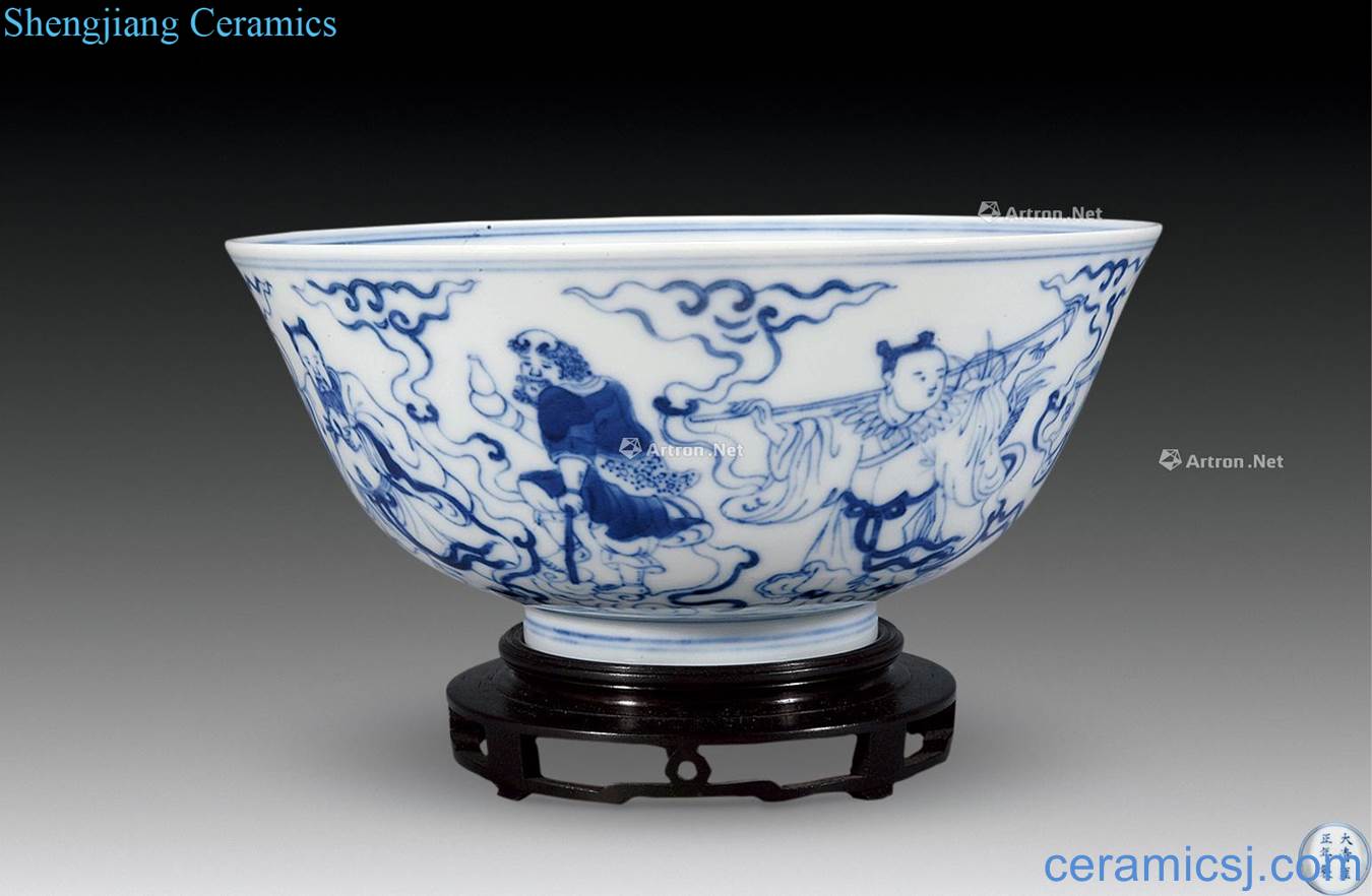 Qing yongzheng Blue and white light tracing the eight immortals samsung bowl
