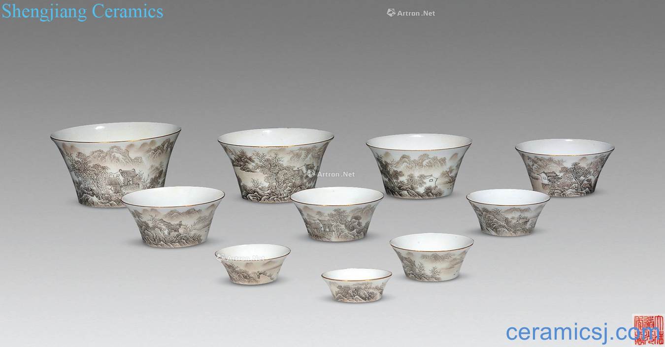 Qing daoguang Color ink carved porcelain landscape set of cup (10)