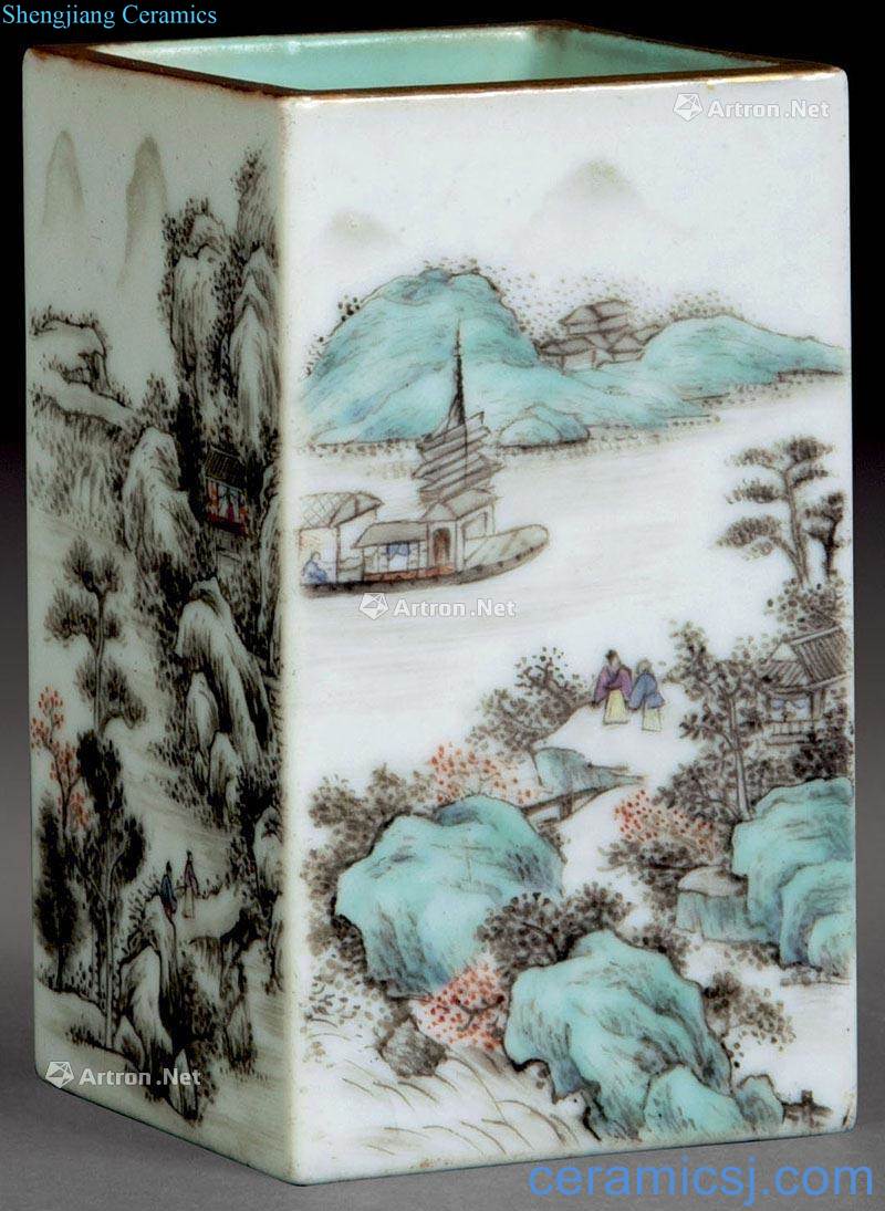 Qing qianlong pastel landscape character brush pot