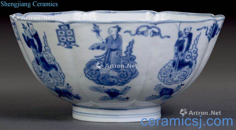 Qing dynasty blue and white flower mouth bowl the eight immortals characters