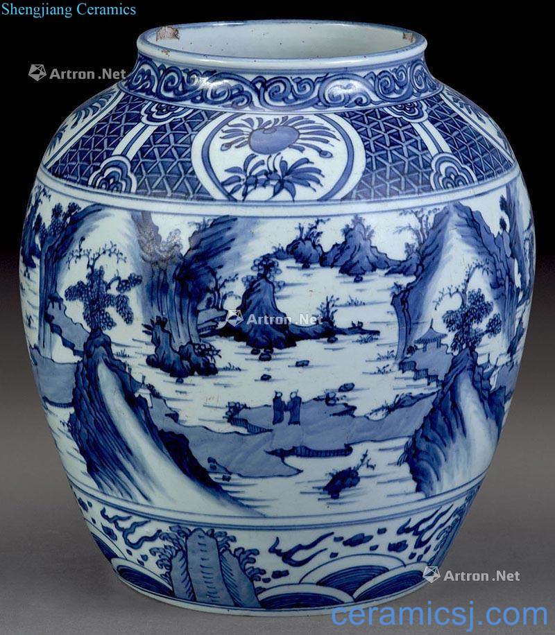 Ming blue and white landscape character canister