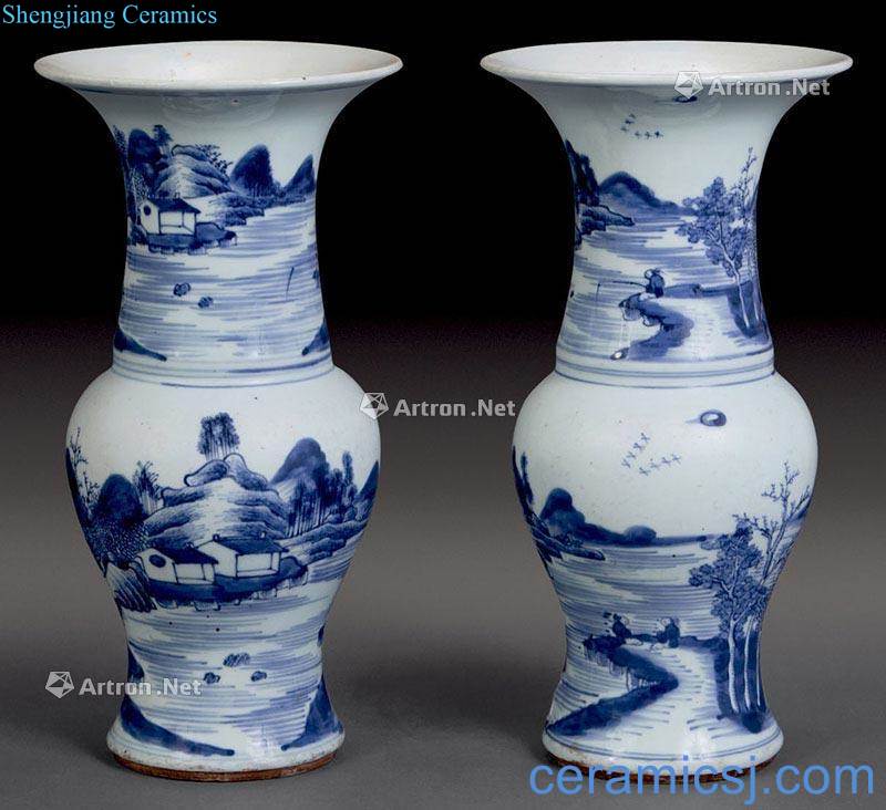 Blue and white landscape pattern flower vase with qing (two)