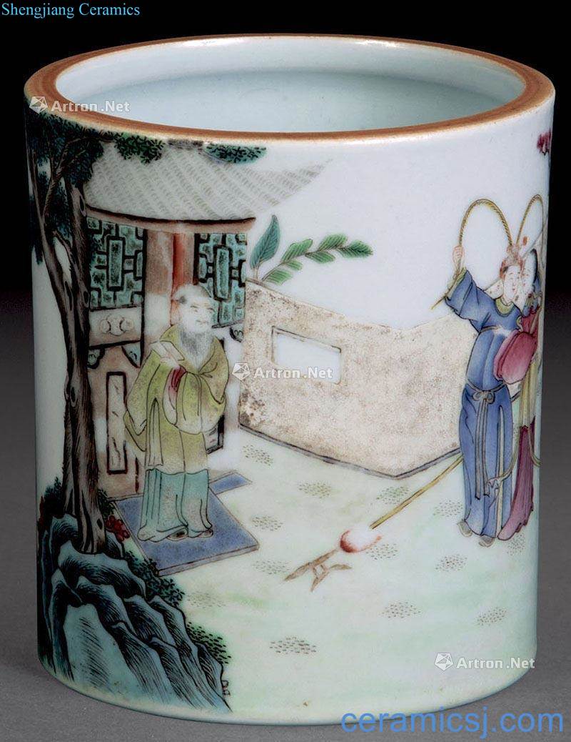Qing qianlong pastel lyu3 bu4 play the sable cicada brush pot