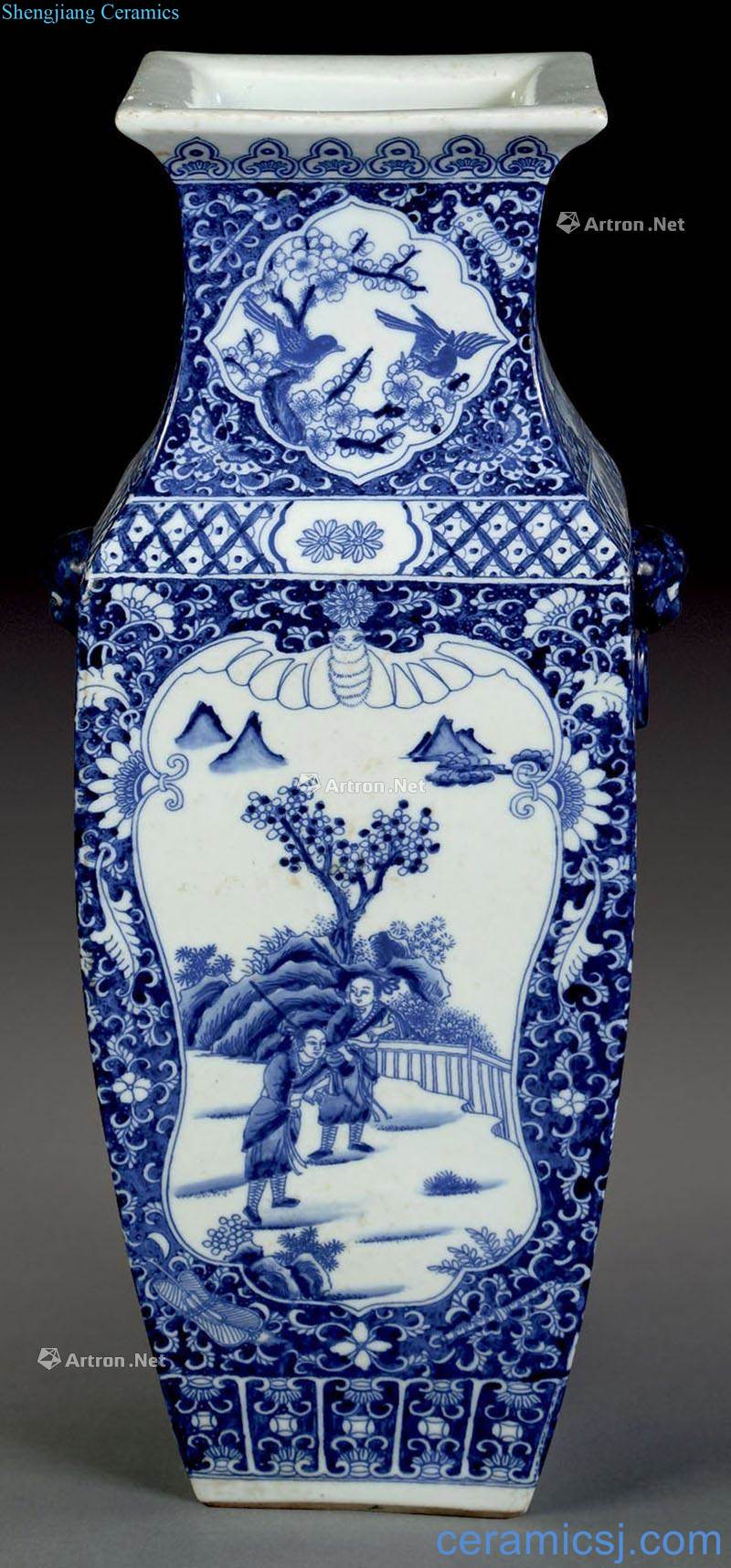 Qing dynasty blue and white brocade medallion characters square bottles